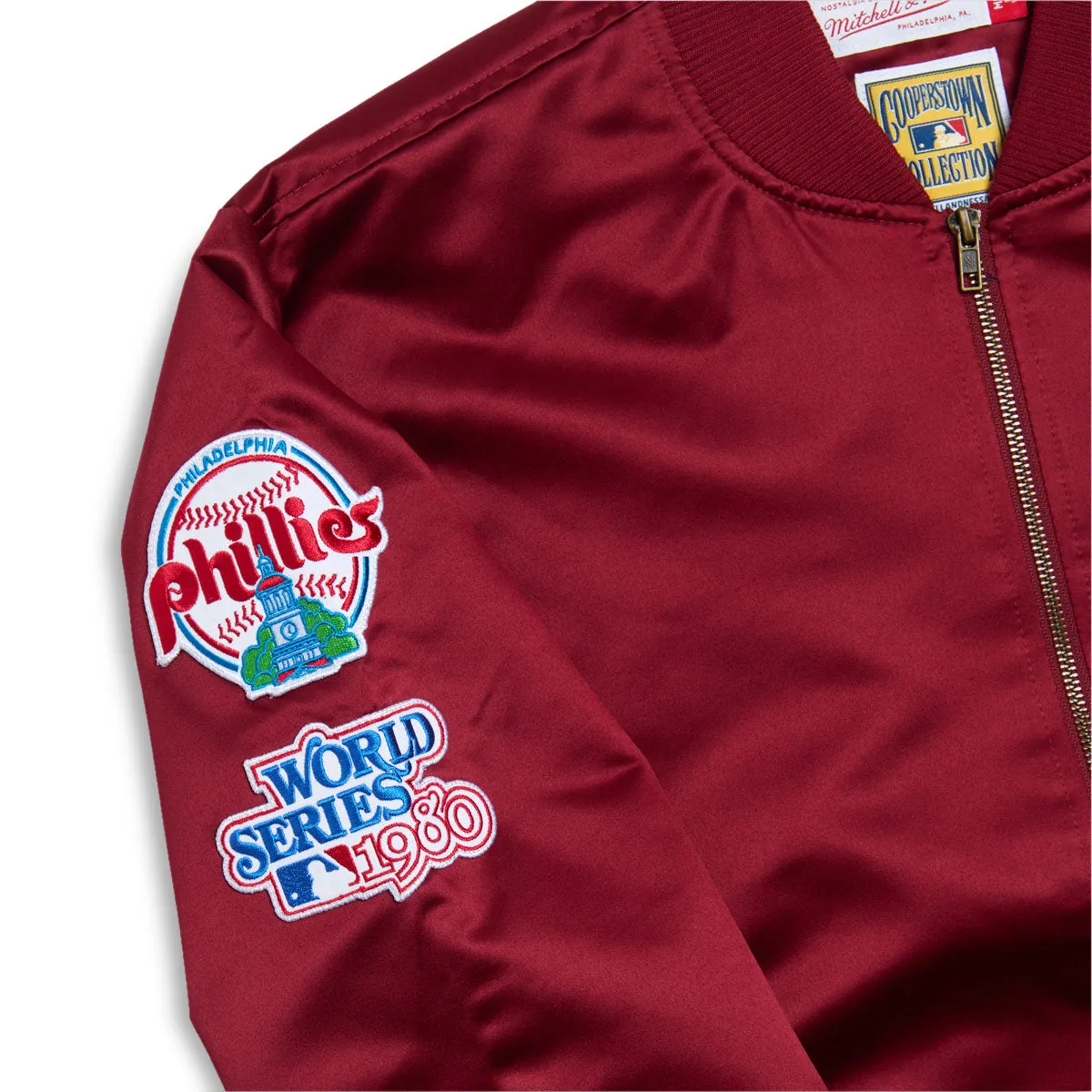 Mitchell & Ness x MLB Phillies Vintage Logo Satin Bomber Jacket - Cardinal