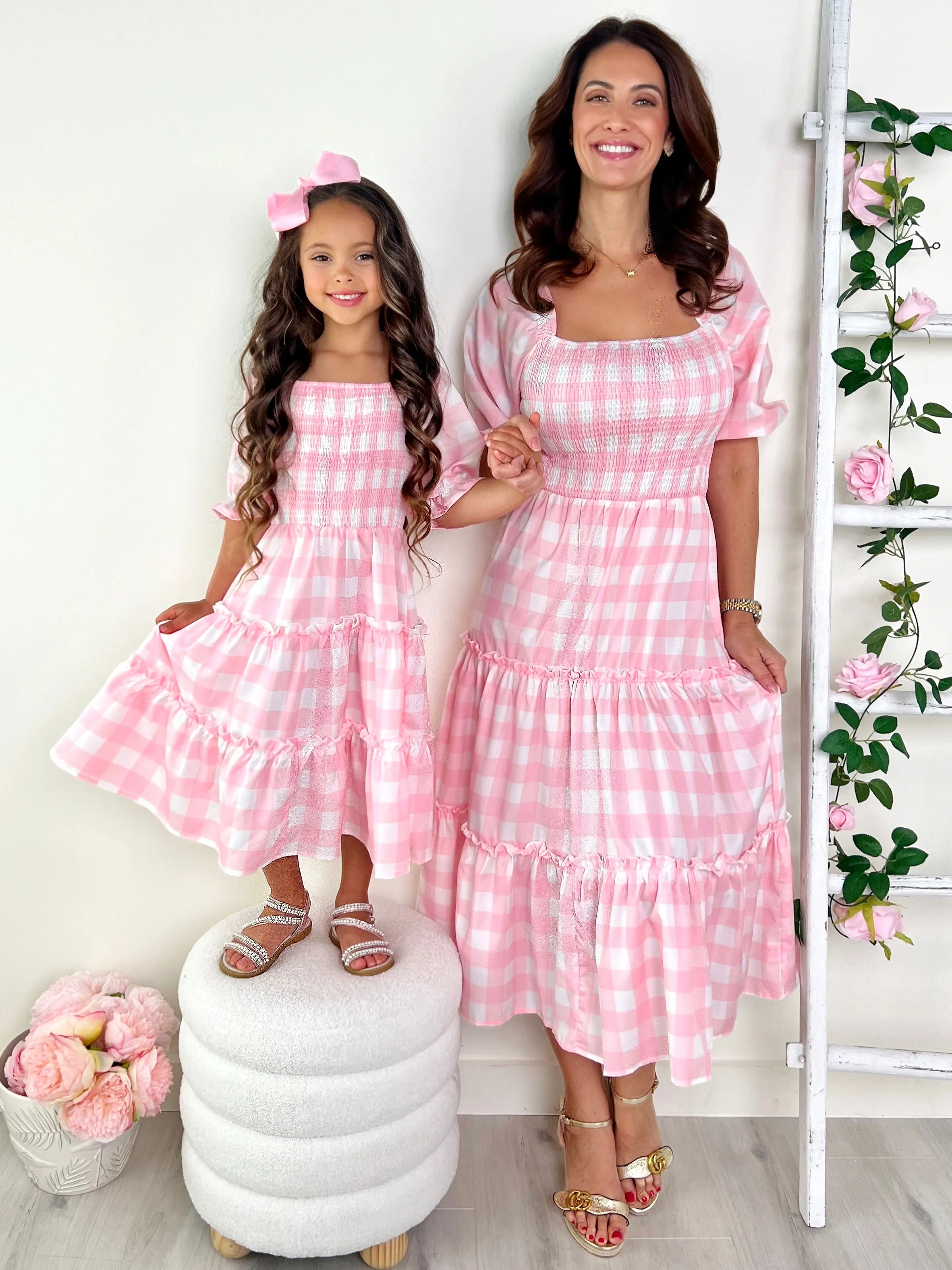 Mommy and Me Pink Gingham Smocked Midi Dress