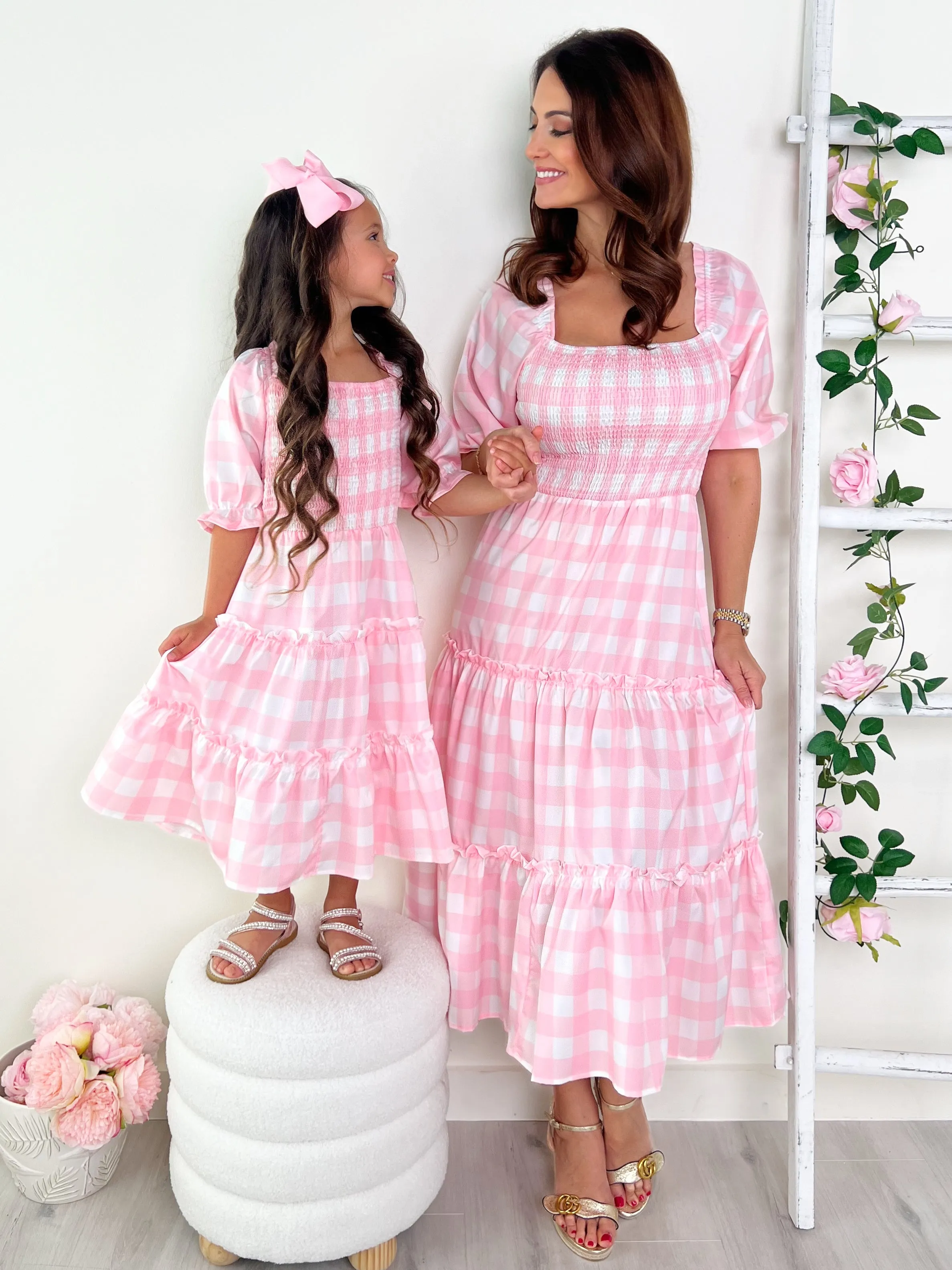 Mommy and Me Pink Gingham Smocked Midi Dress