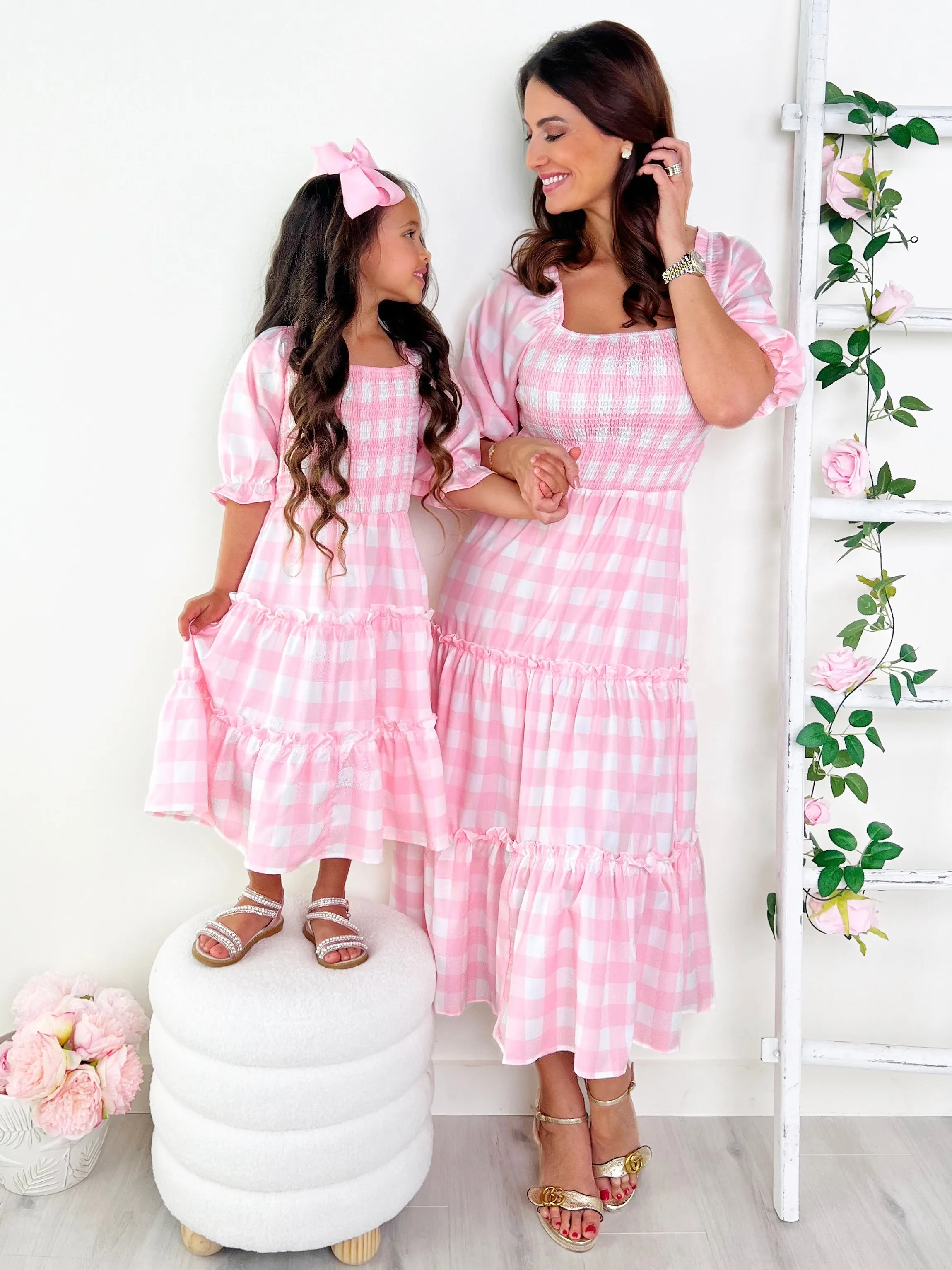 Mommy and Me Pink Gingham Smocked Midi Dress