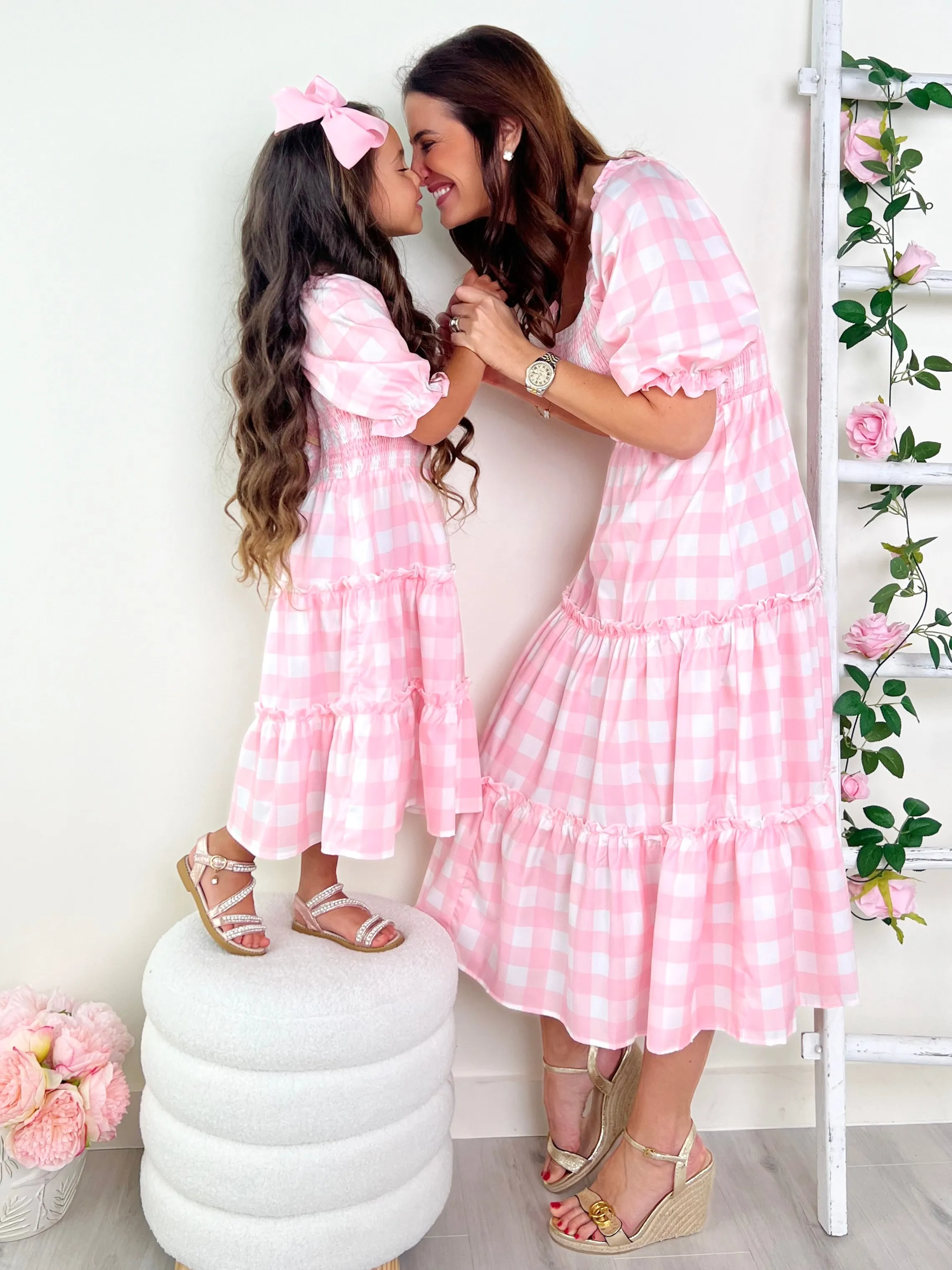 Mommy and Me Pink Gingham Smocked Midi Dress