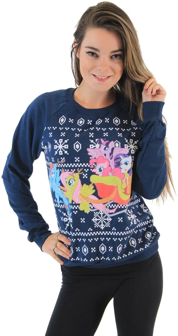 My Little Pony Group Sleigh Ride Snowflakes Juniors Navy Sweatshirt