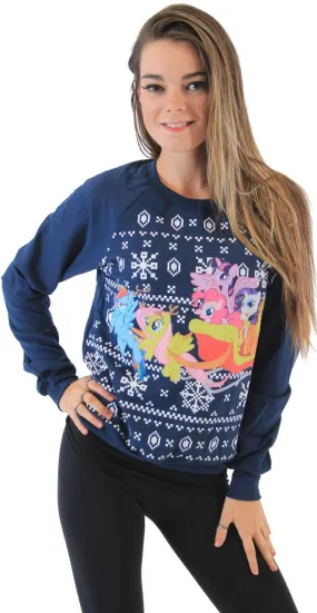 My Little Pony Group Sleigh Ride Snowflakes Juniors Navy Sweatshirt