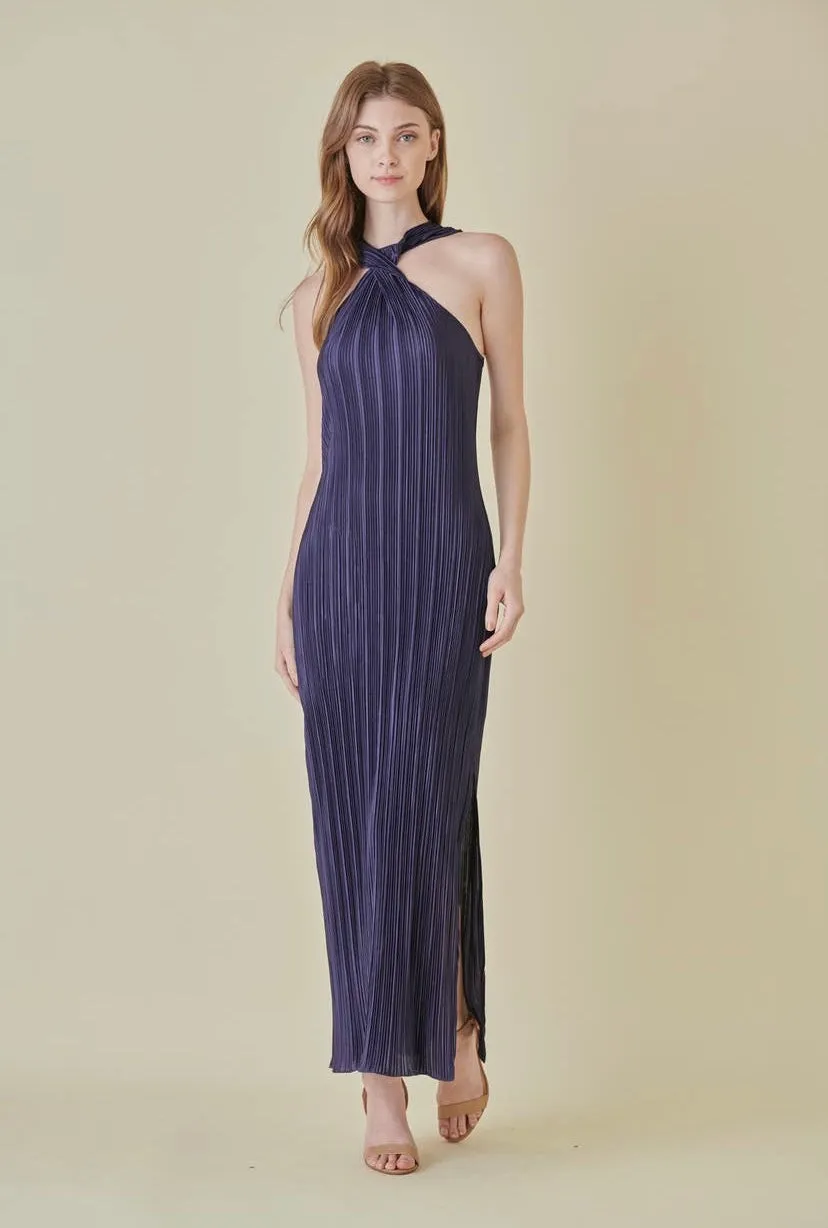 Navy Plisse Twist Front Maxi