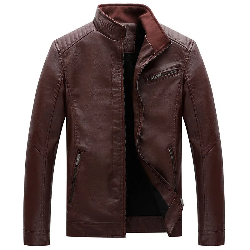 New Men's Leather Jackets Plus Velvet Solid Color