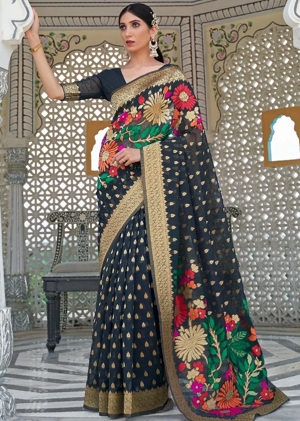 Onyx Black Floral Embroidered Linen Silk Saree