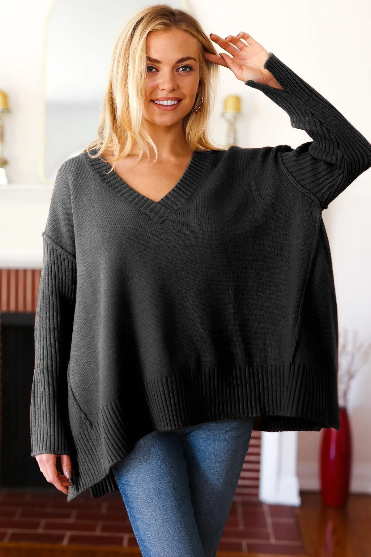 Oversized Side Slit Sweater Top - Black