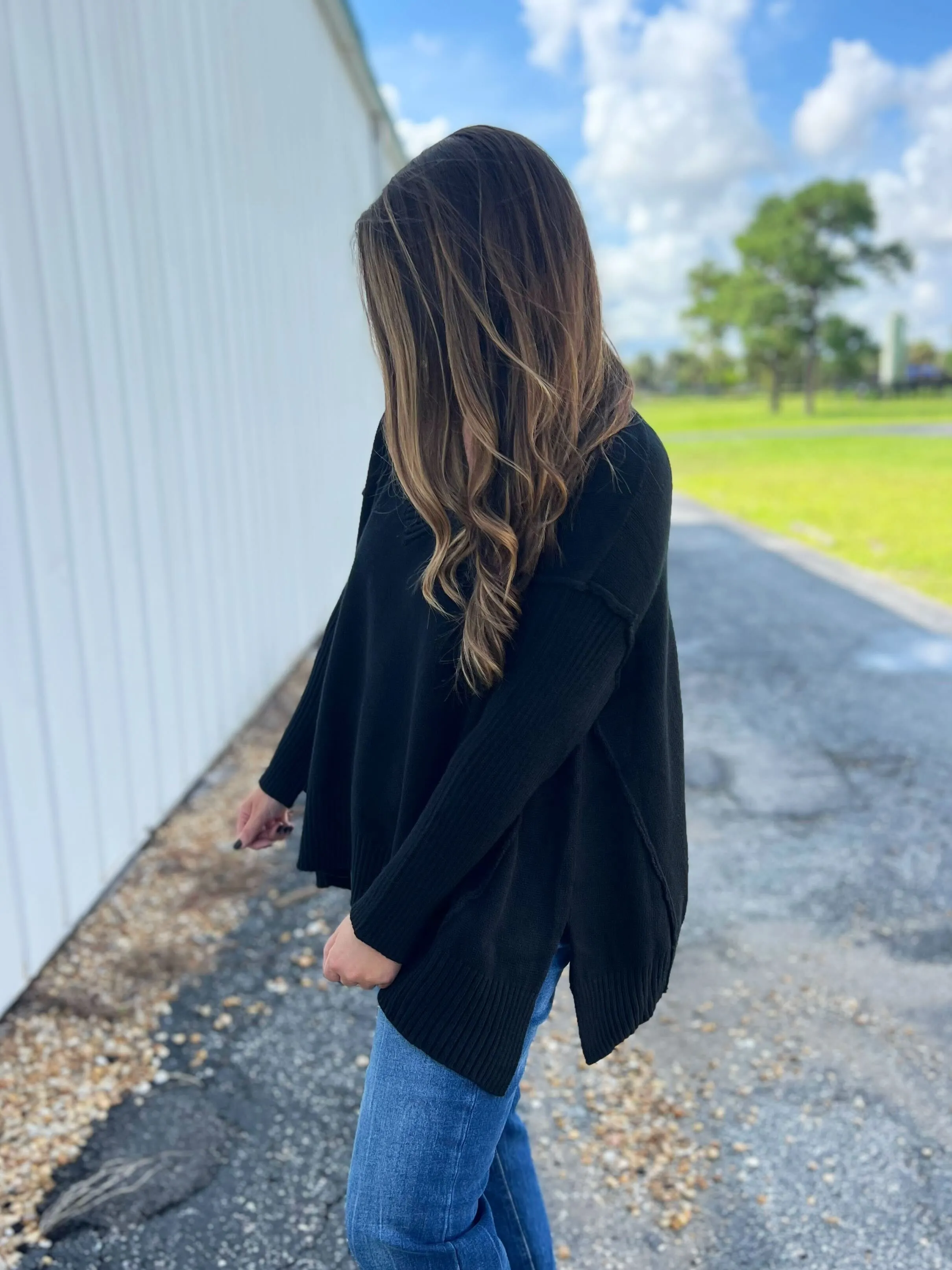 Oversized Side Slit Sweater Top - Black