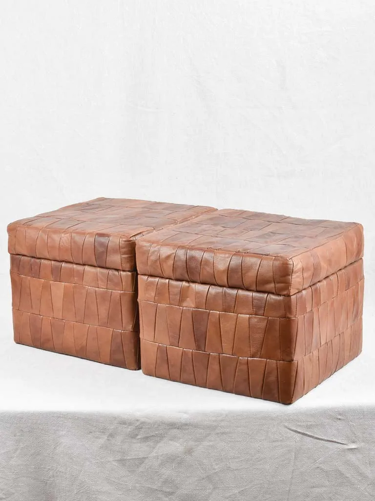 Pair of 1970s rectangular brown leather pouffes - De Sede Switzerland