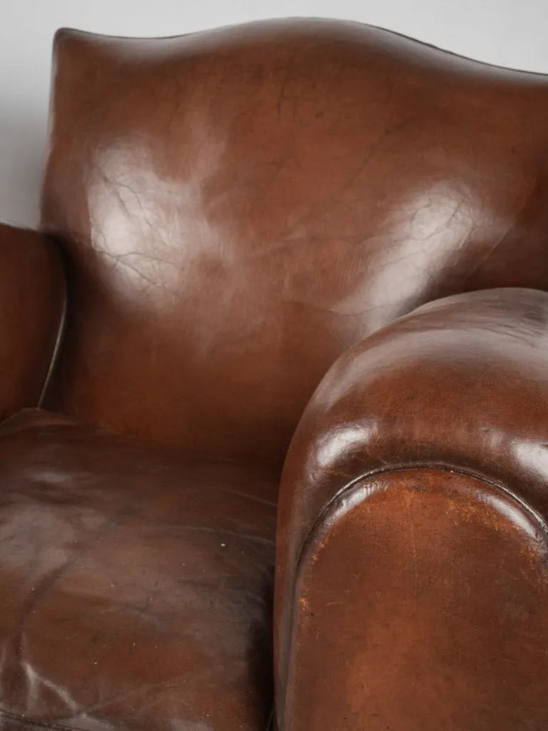 Pair of restored antique French leather club chairs