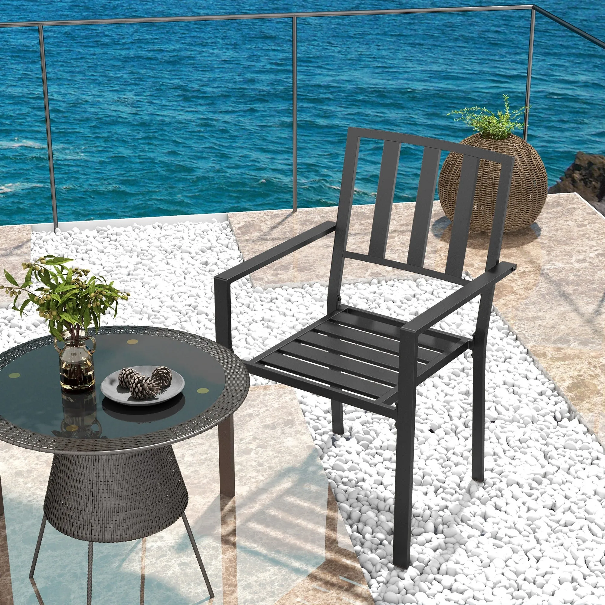 Patio Dining Chairs with Metal Slatted Design, Black