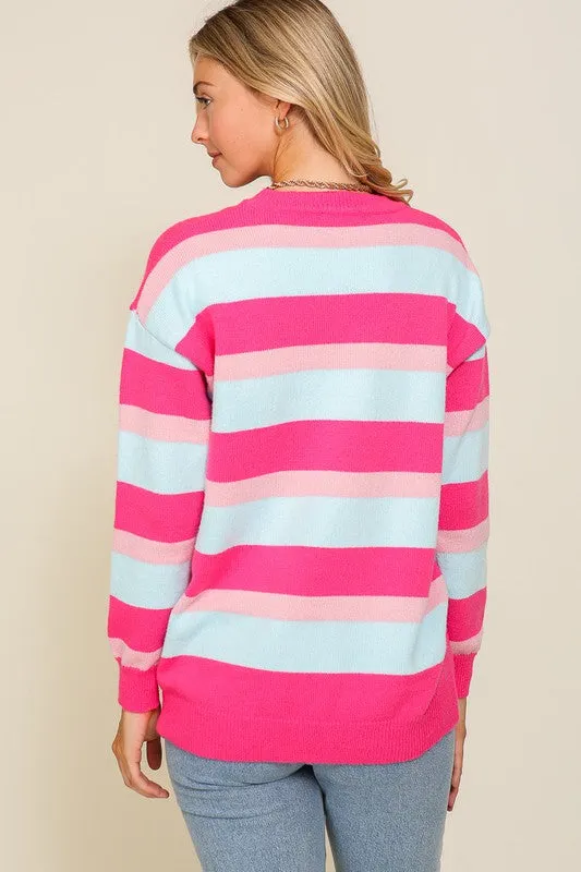 Pink Combo Long Sleeve Round Neck Striped Over Sized Sweater