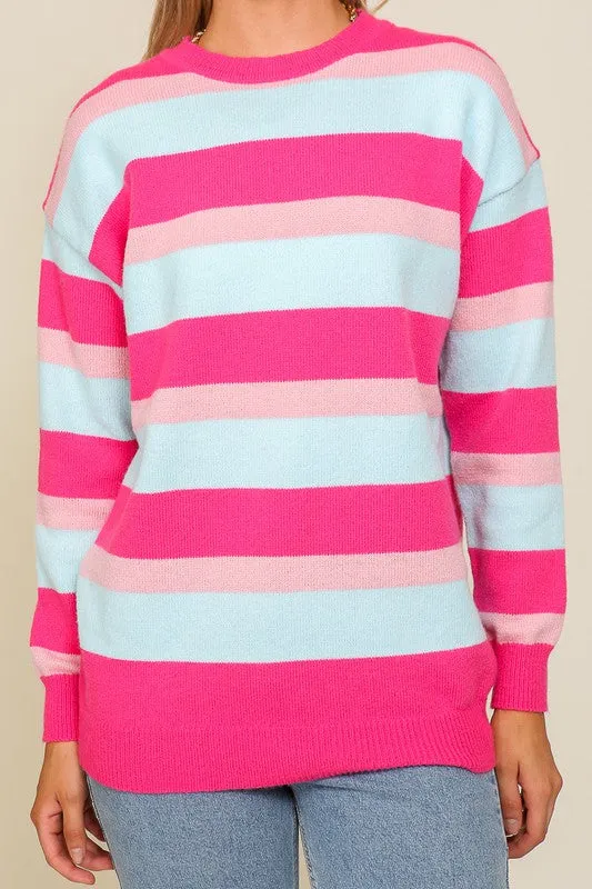 Pink Combo Long Sleeve Round Neck Striped Over Sized Sweater