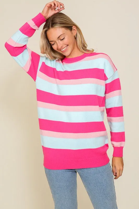 Pink Combo Long Sleeve Round Neck Striped Over Sized Sweater