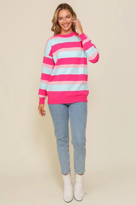 Pink Combo Long Sleeve Round Neck Striped Over Sized Sweater