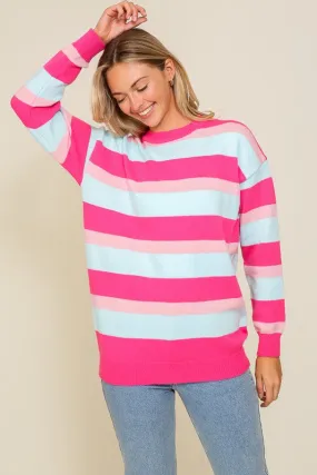 Pink Combo Long Sleeve Round Neck Striped Over Sized Sweater