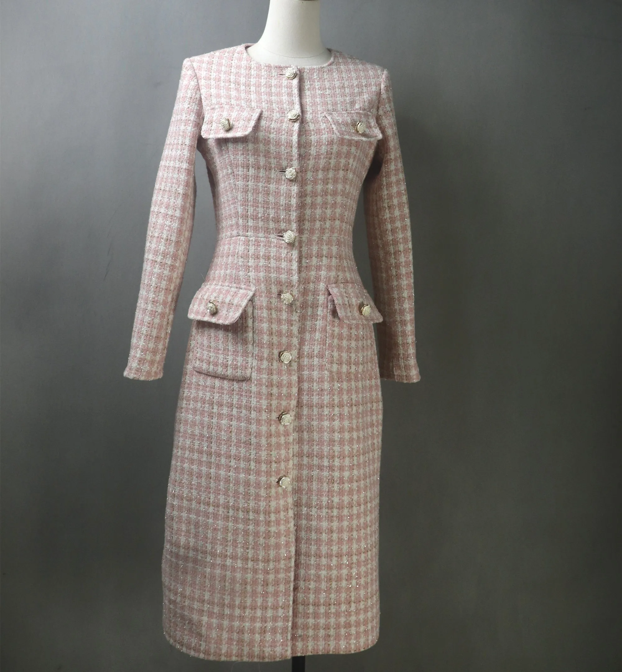 Pink Sparkle Extra Long Tweed Coat/ Plus Sizes / Any Coat Length