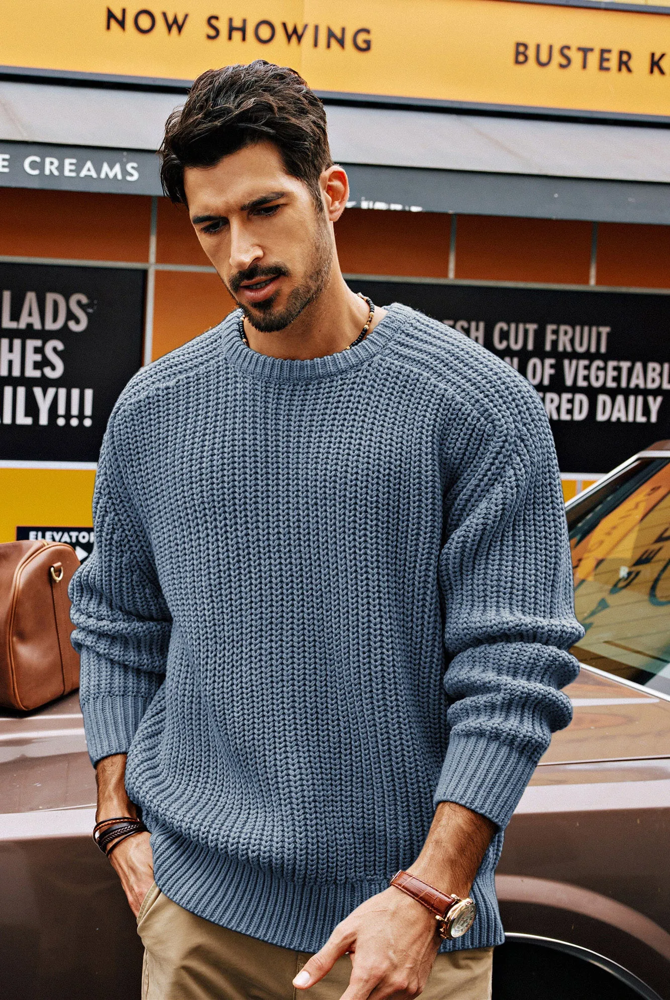 PJ Men Textured Sweater Long Sleeve Crew Neck Dropped Shoulder Pullover