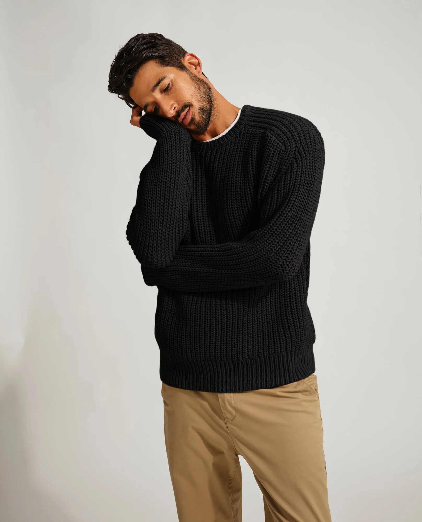 PJ Men Textured Sweater Long Sleeve Crew Neck Dropped Shoulder Pullover