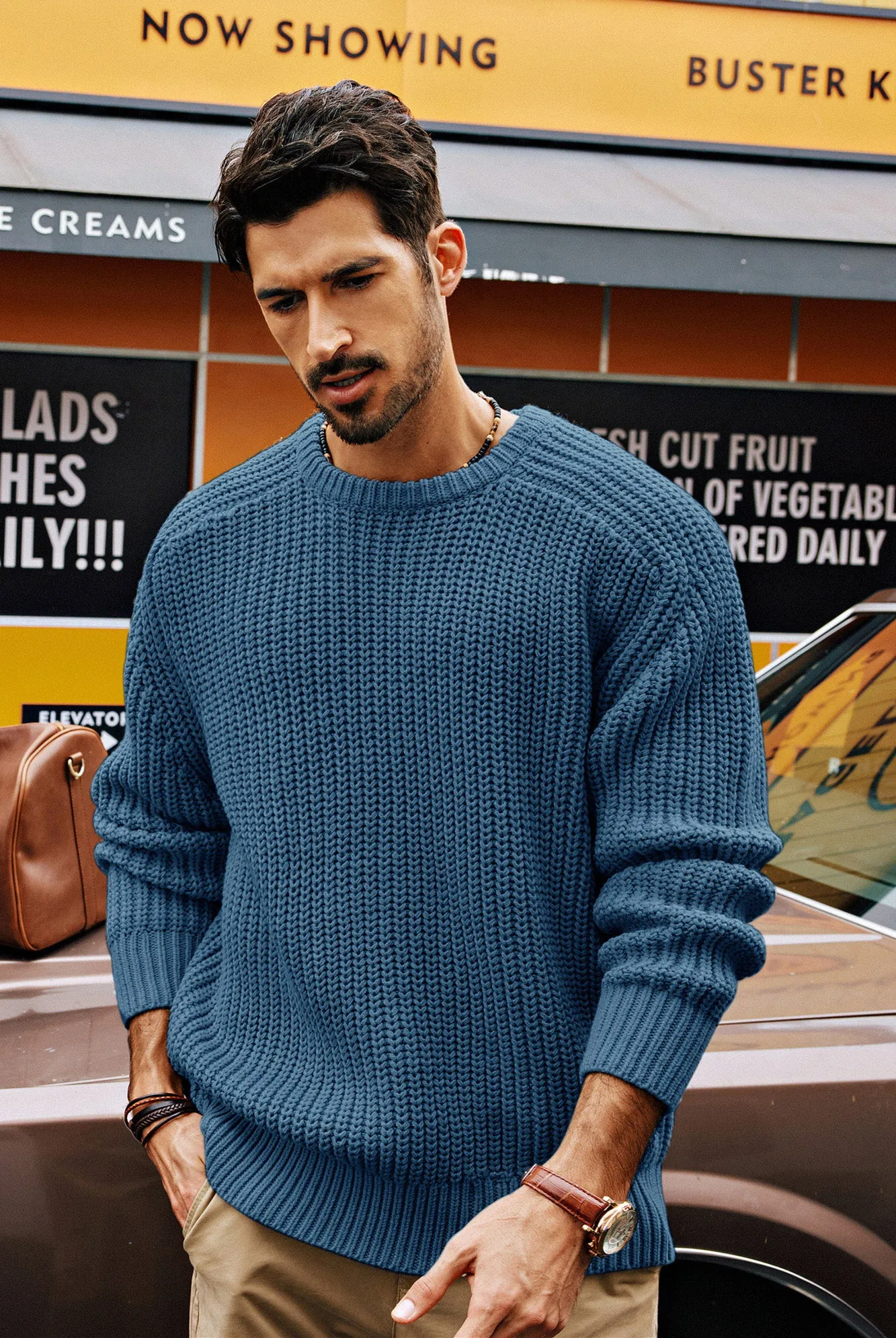 PJ Men Textured Sweater Long Sleeve Crew Neck Dropped Shoulder Pullover