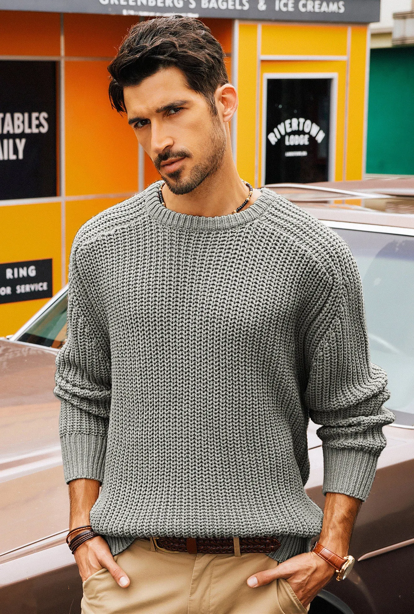 PJ Men Textured Sweater Long Sleeve Crew Neck Dropped Shoulder Pullover