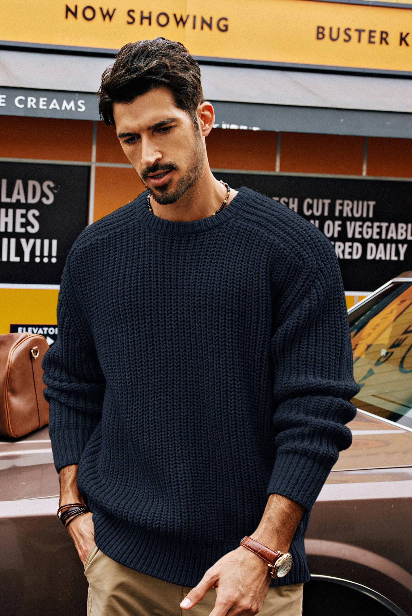 PJ Men Textured Sweater Long Sleeve Crew Neck Dropped Shoulder Pullover