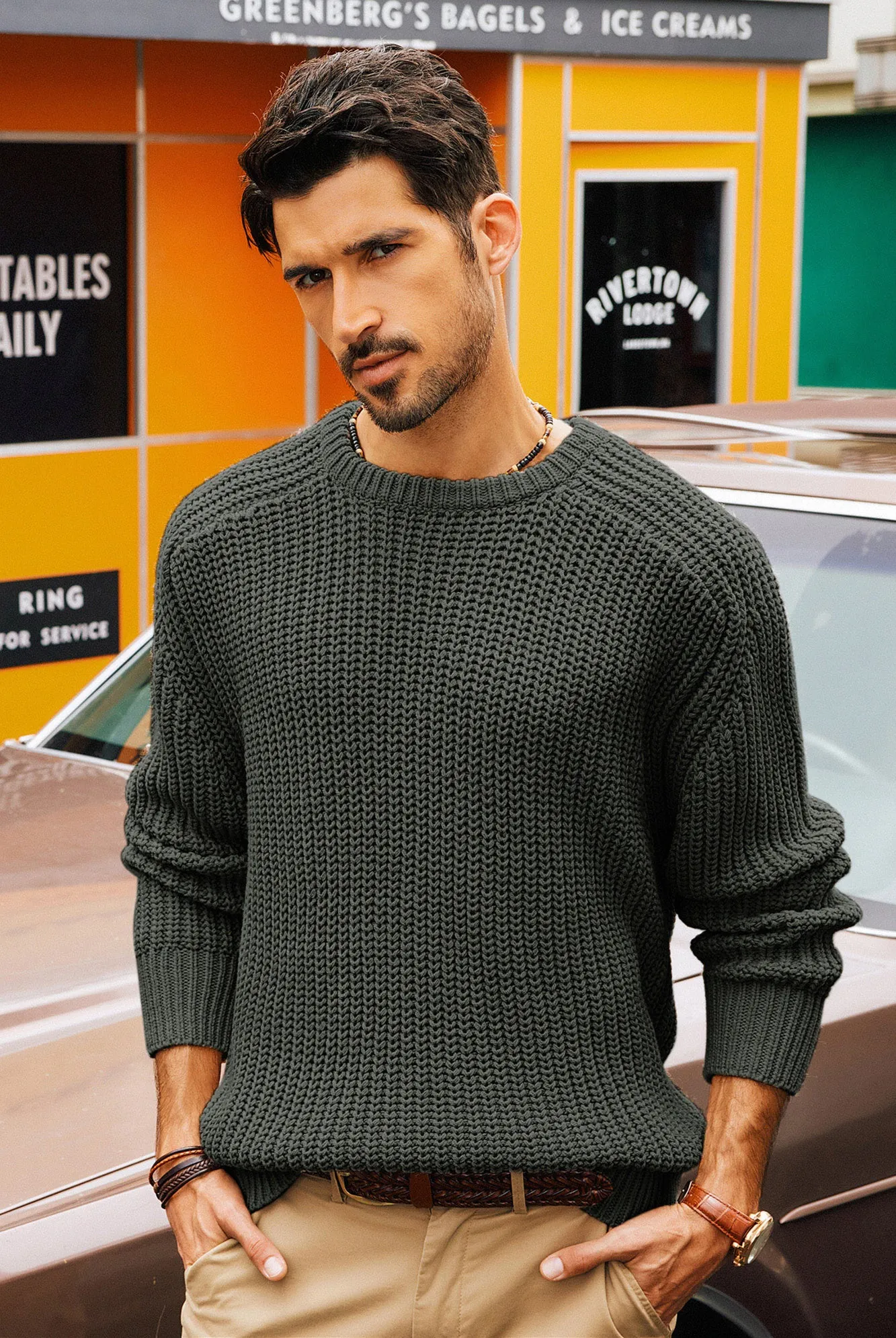 PJ Men Textured Sweater Long Sleeve Crew Neck Dropped Shoulder Pullover