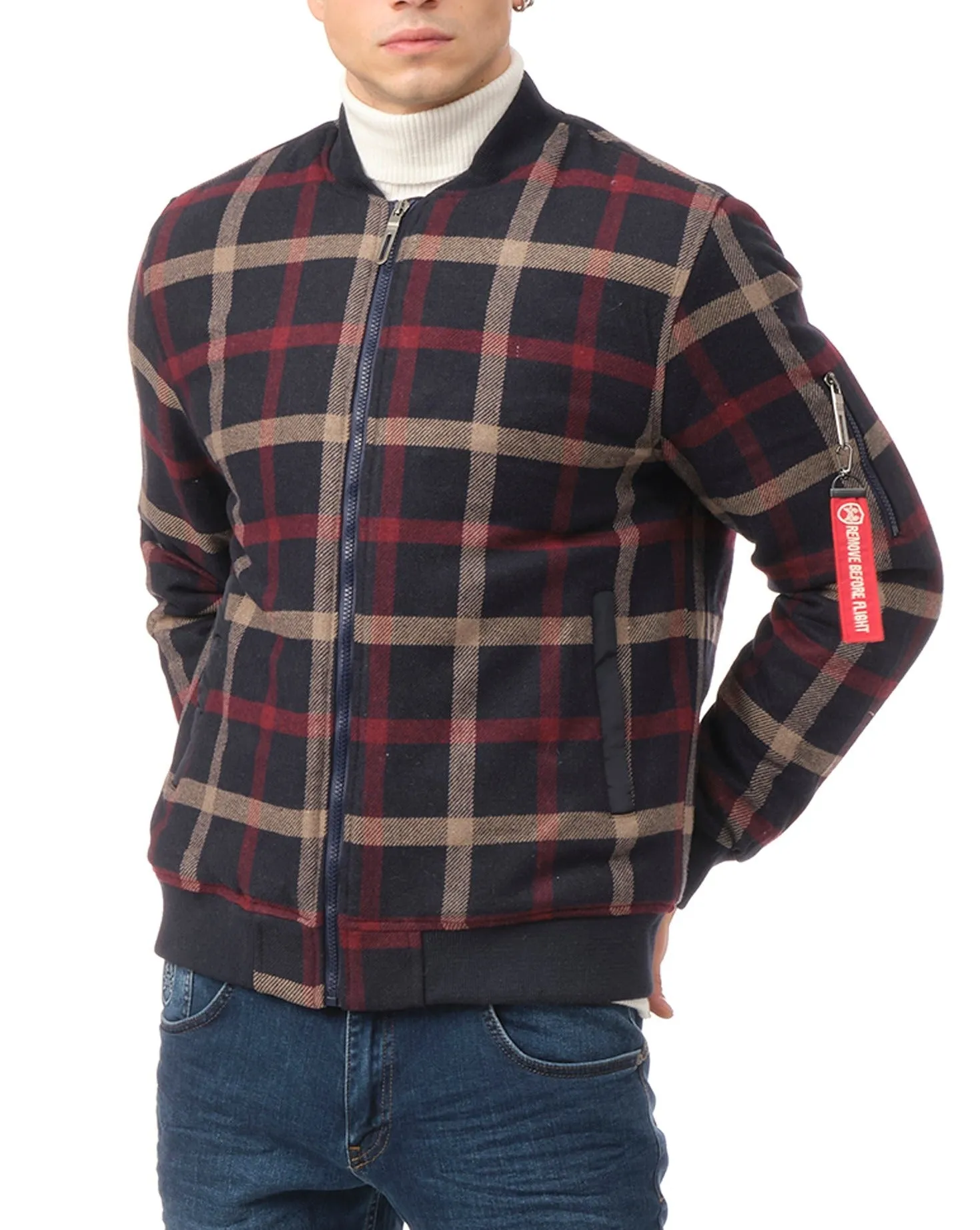 Plaid Bomber Jacket - Navy/Red