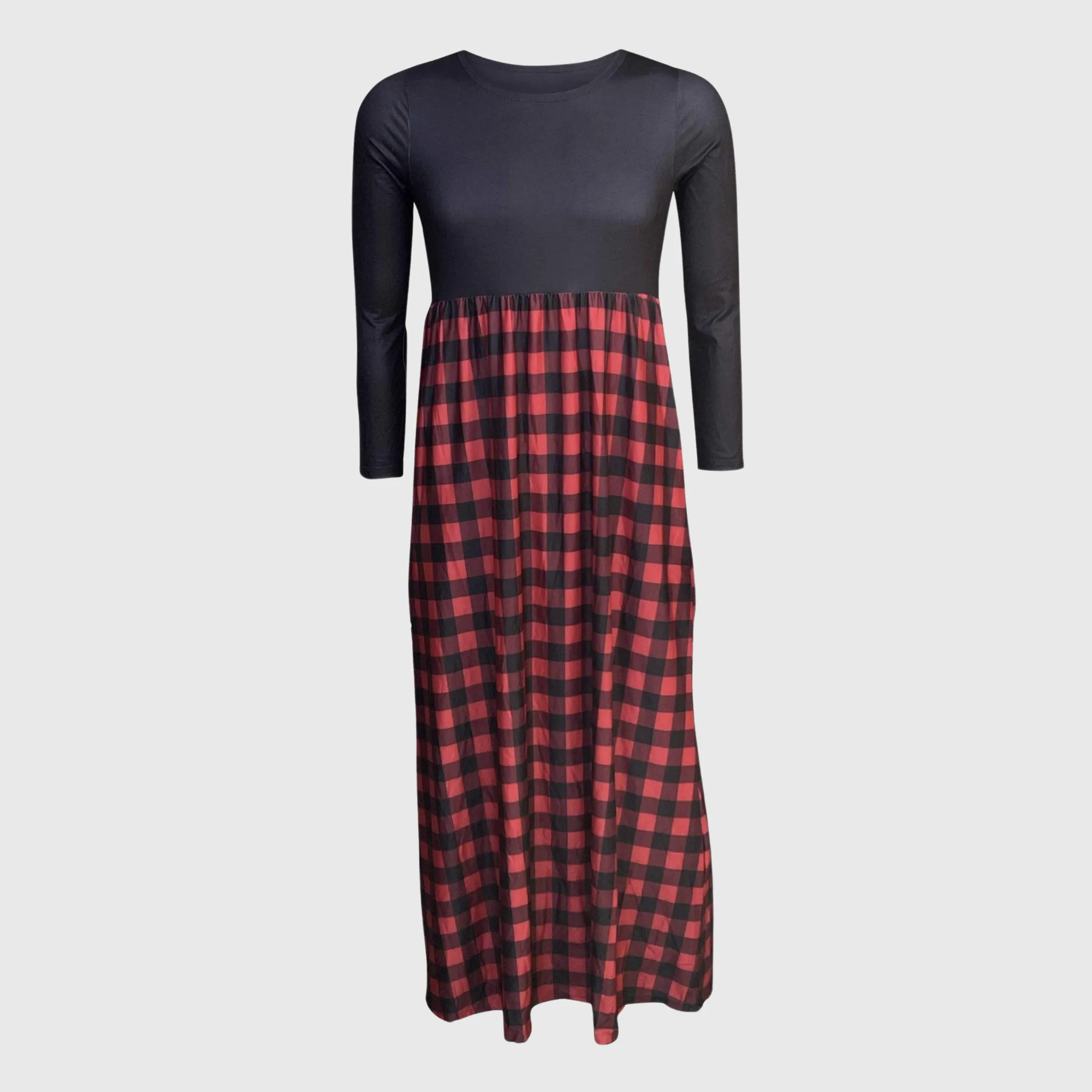 Plaid Red Black Long Sleeve Maxi Dress Women