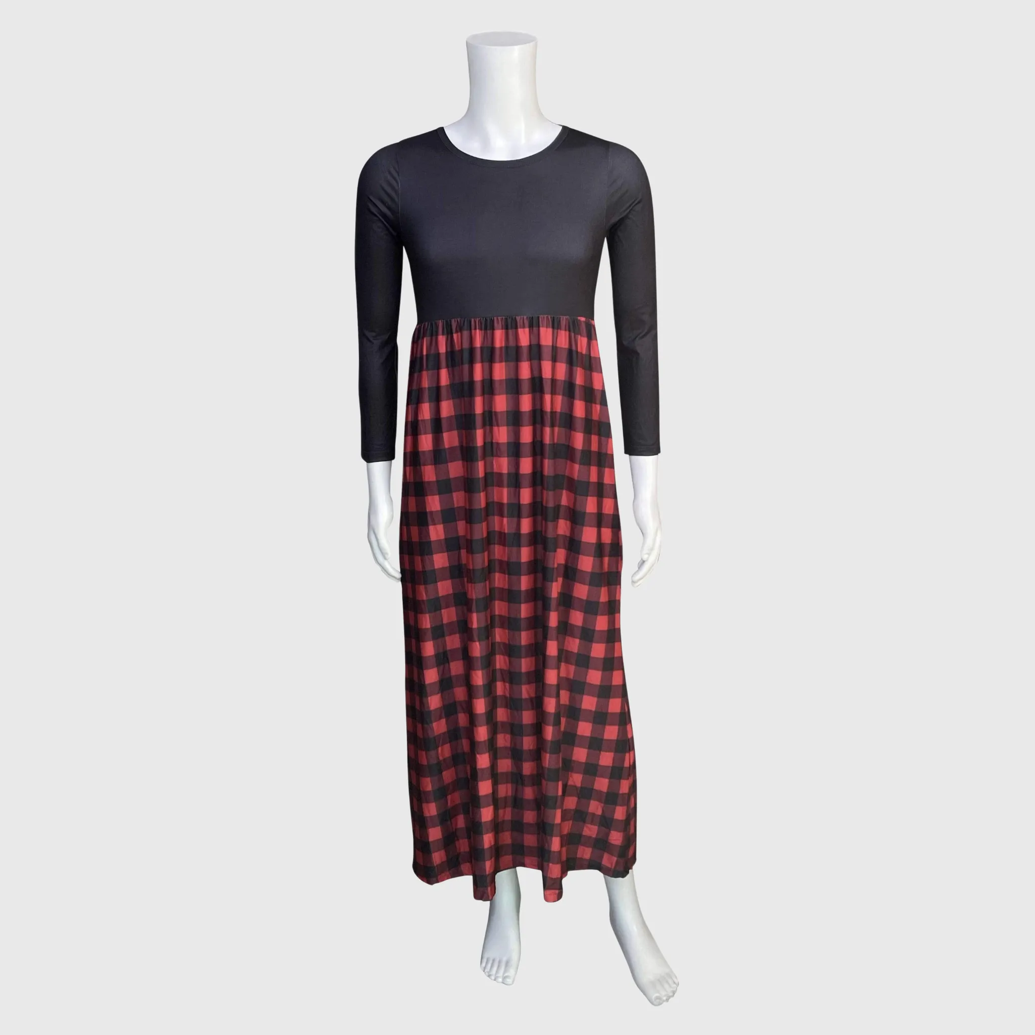 Plaid Red Black Long Sleeve Maxi Dress Women