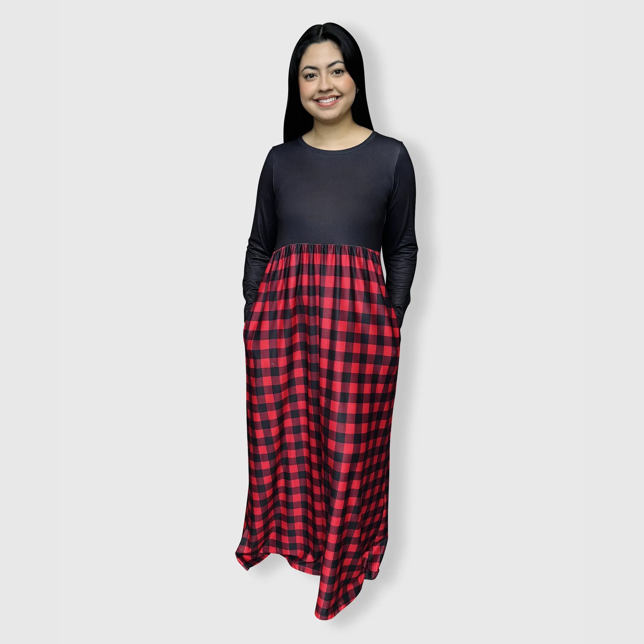 Plaid Red Black Long Sleeve Maxi Dress Women