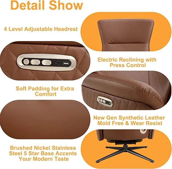 Power Recliner Lounge Chair Single - Swivel Leather Electric Recliner Adjustable Headrest Footrest Lumbar Support Zero Gravity, Brown