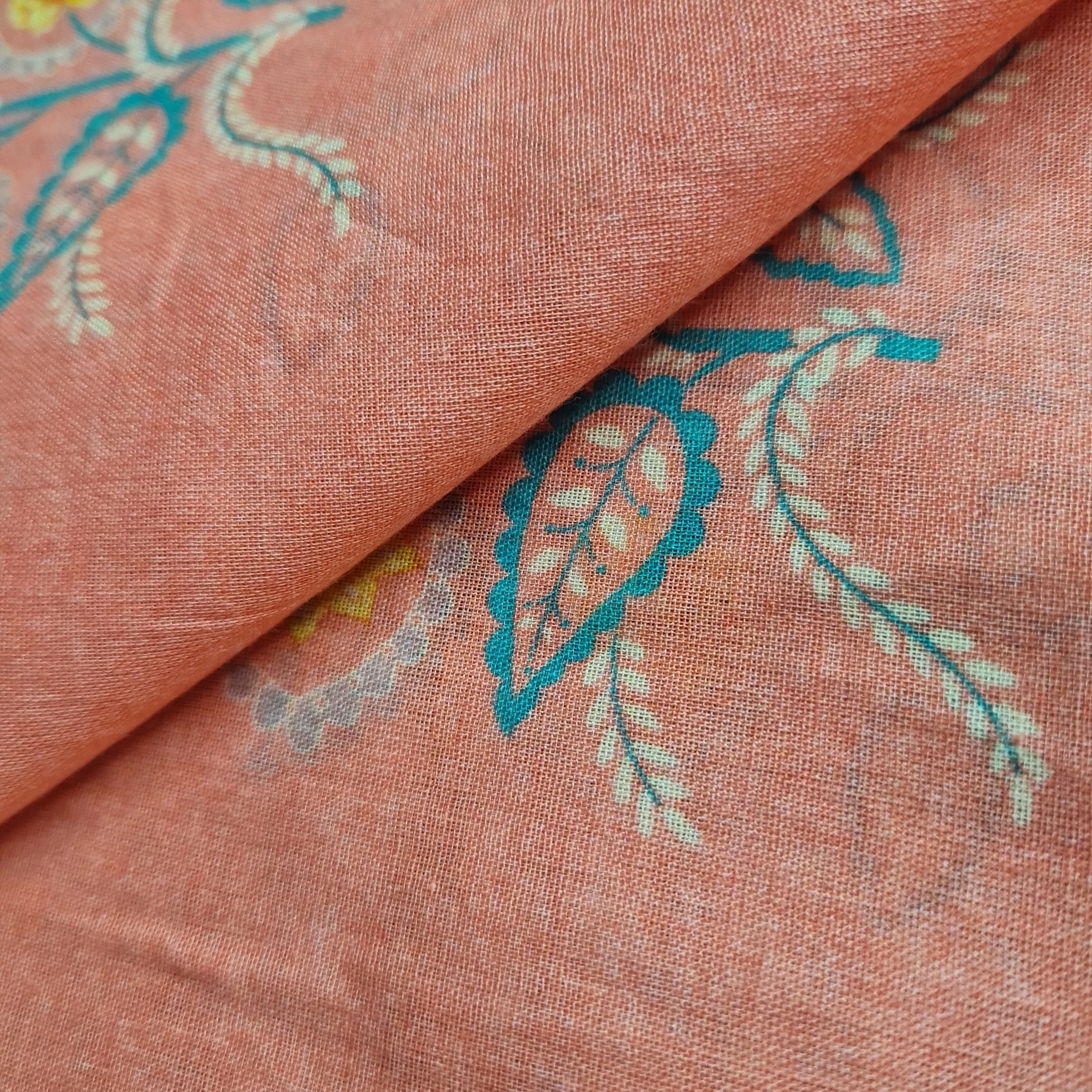 Premium Salmon Pink Floral Print Cotton Mulmul Fabric