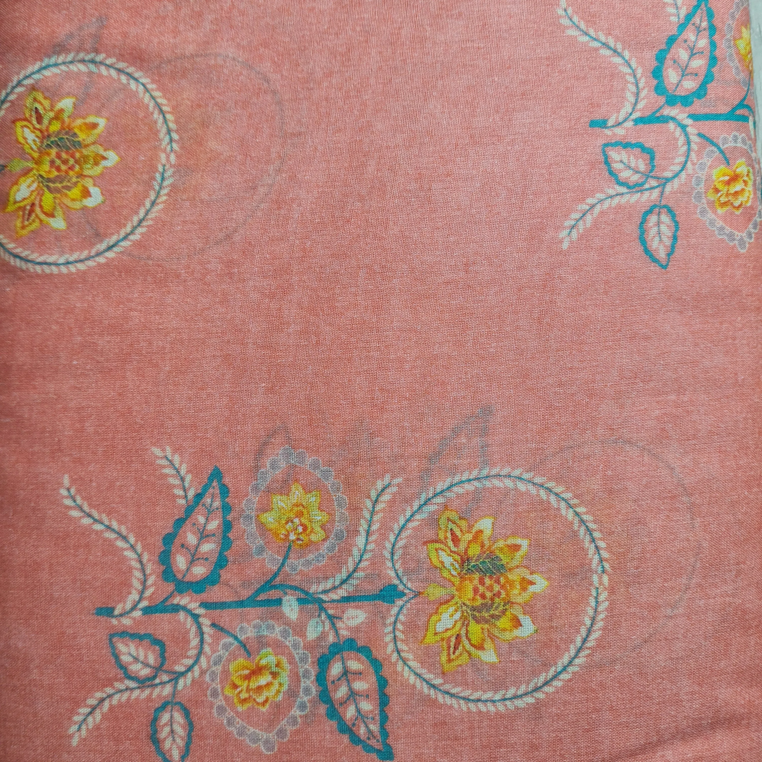 Premium Salmon Pink Floral Print Cotton Mulmul Fabric