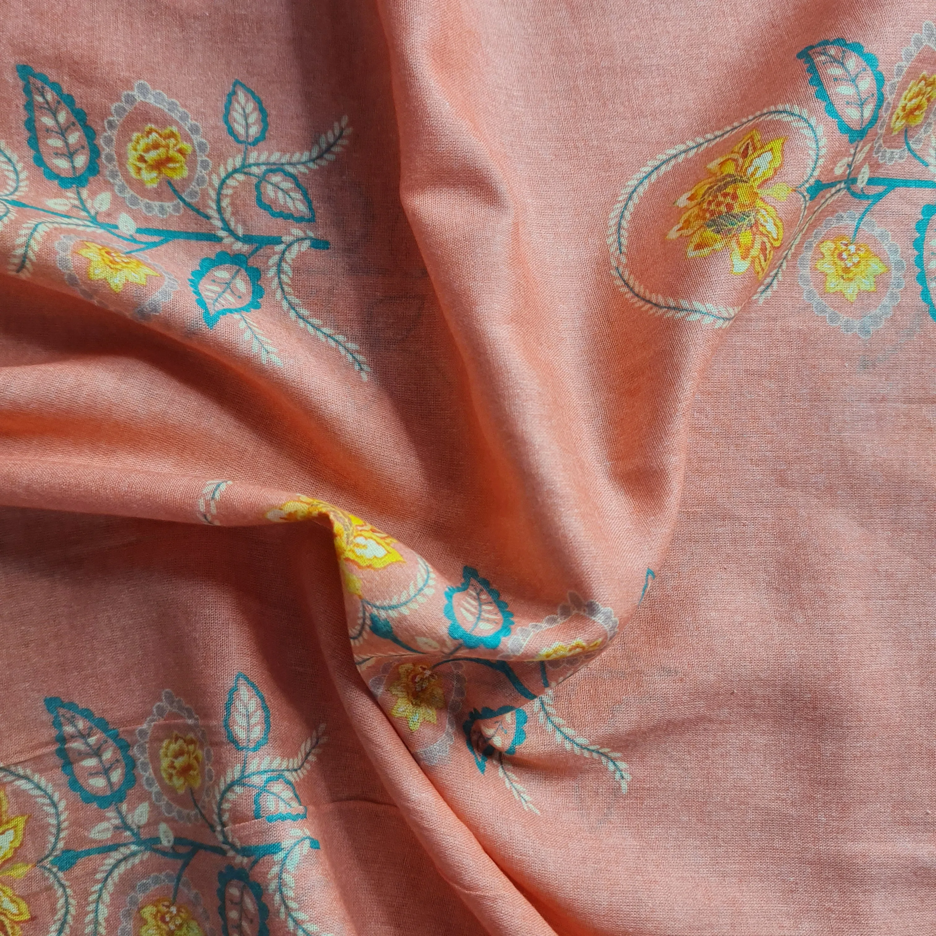 Premium Salmon Pink Floral Print Cotton Mulmul Fabric