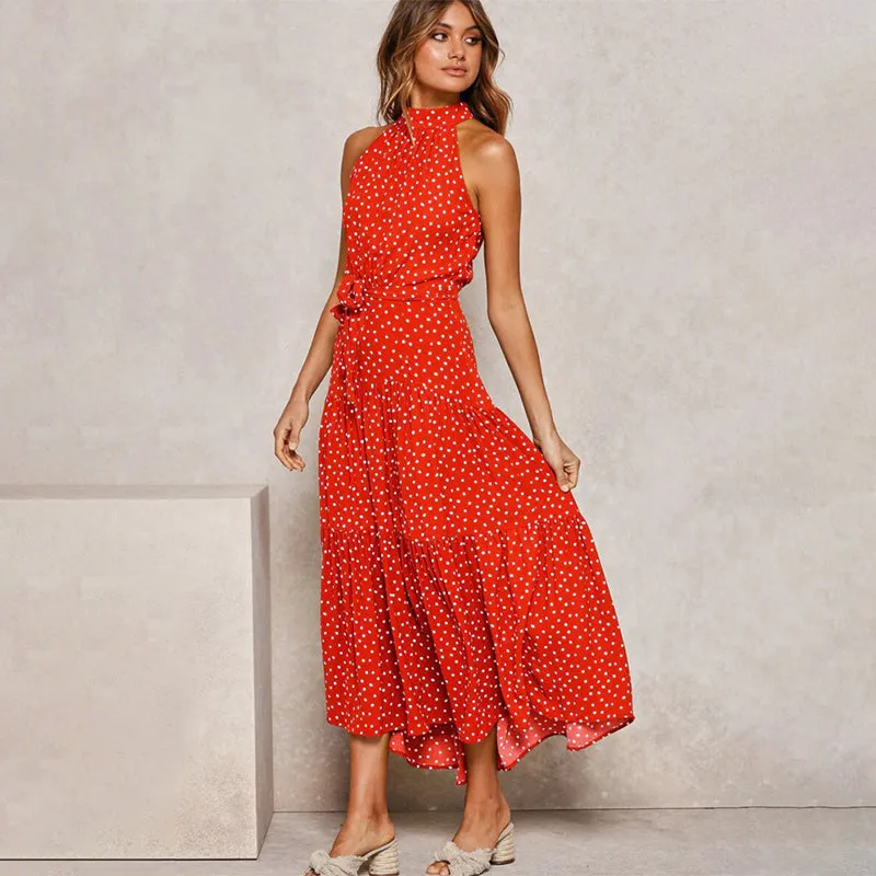 Pretty Halter Top Polka-dot and Floral Pattern Lace-up Dresses