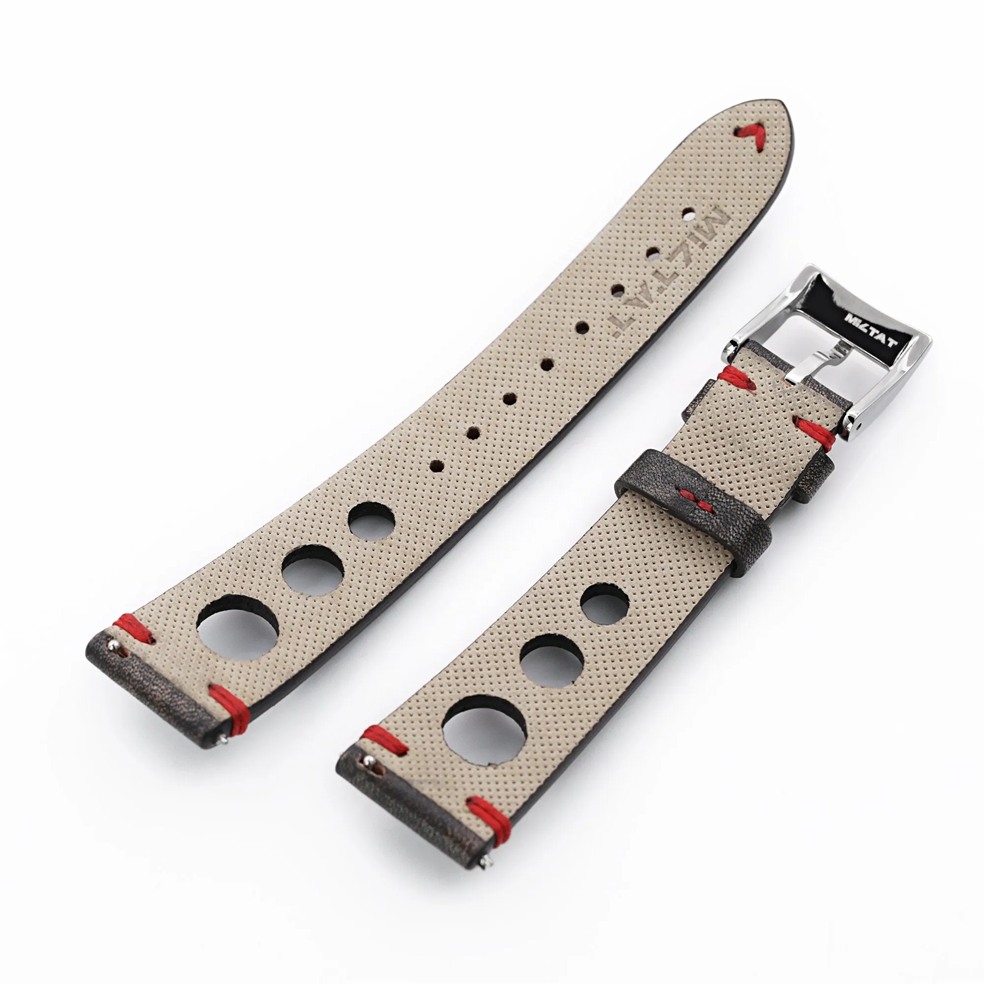 Q.R. 20mm Blackish Brown Leather Italian Handmade Racer strap, Red St.