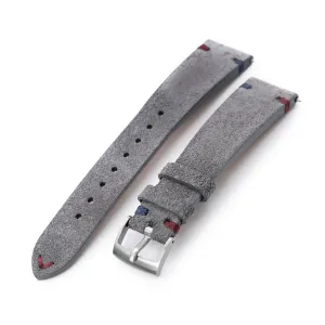 Q.R. Grey Suede watch strap 20mm Leather Watch Band Red Blue Stitch.