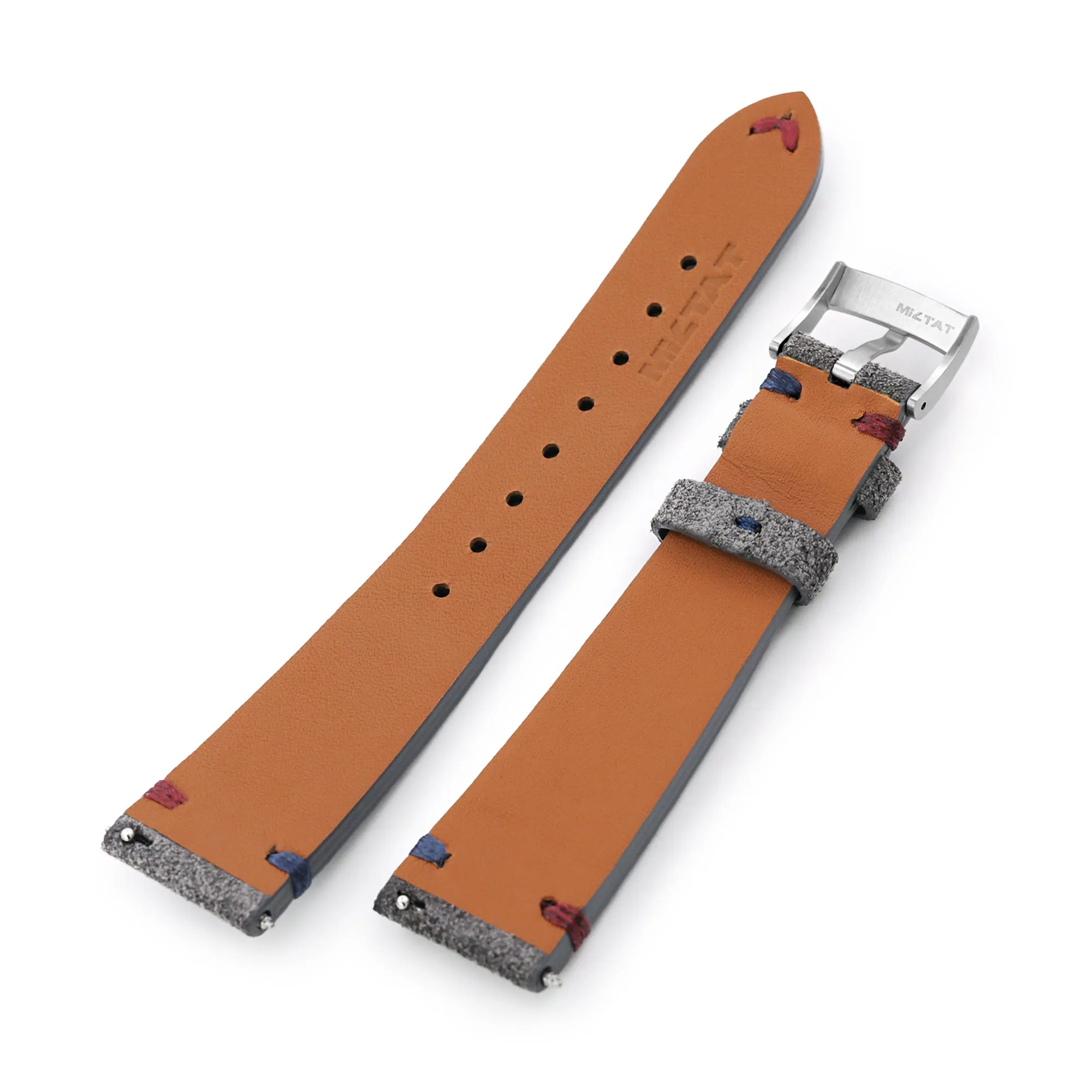 Q.R. Grey Suede watch strap 20mm Leather Watch Band Red Blue Stitch.