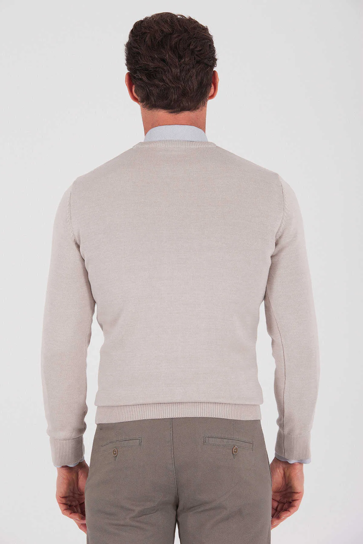 Regular Fit Plain Cotton Blend Grey Crewneck Sweater, Grej