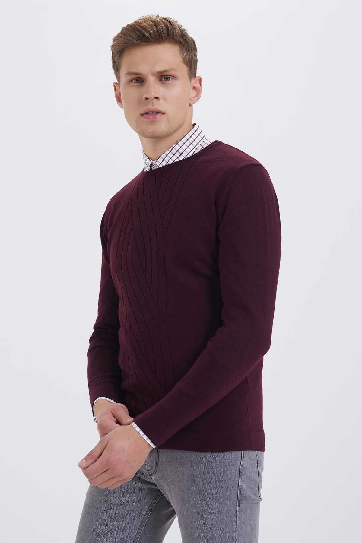 Regular Fit Plain Wool Blend Navy Crewneck Sweater, Burgundy