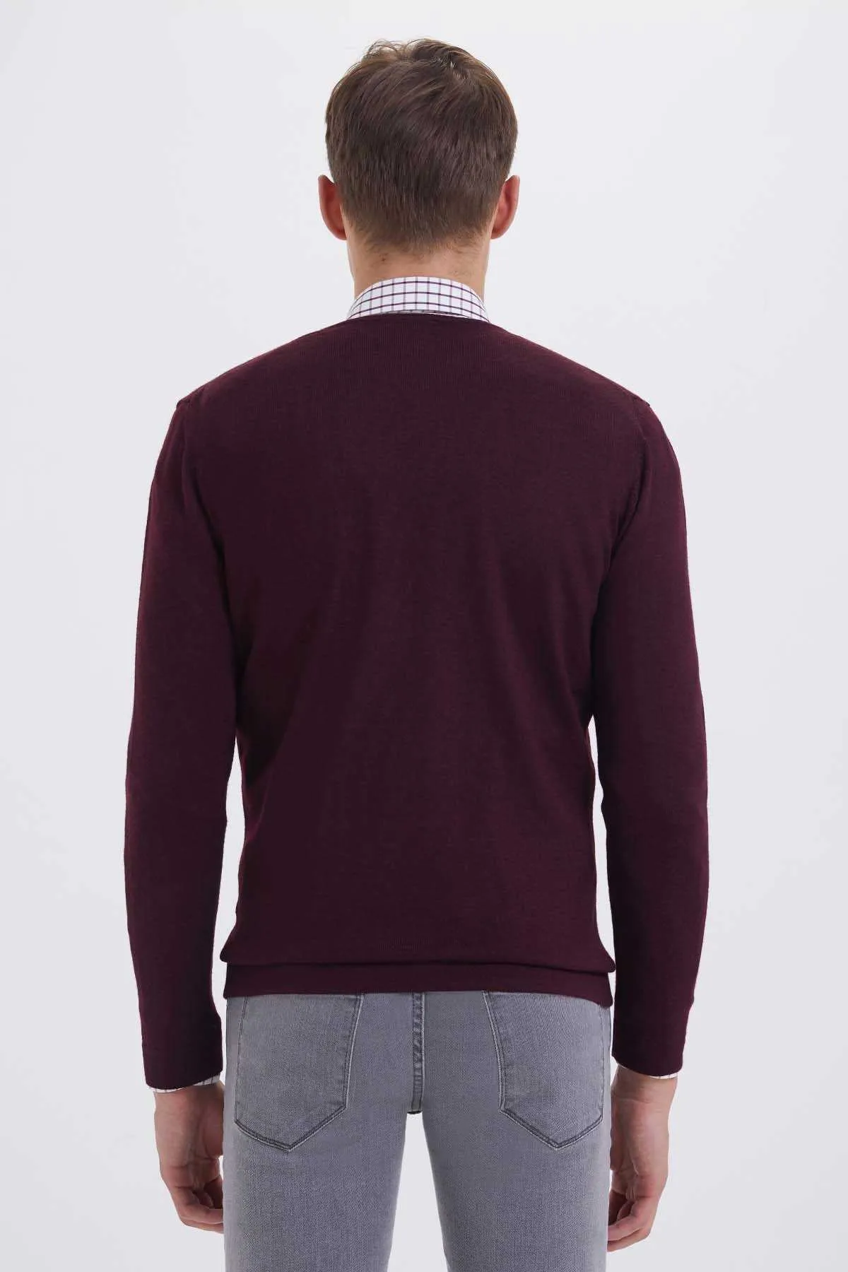 Regular Fit Plain Wool Blend Navy Crewneck Sweater, Burgundy