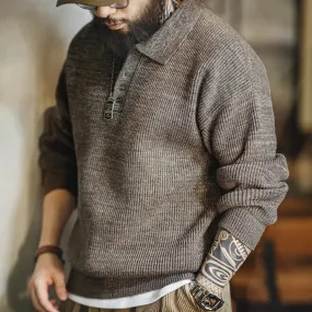 Retro Knitted Polo Shirt Loose Coffee Color Lapel Sweater Men's Uncle Fu Jumper