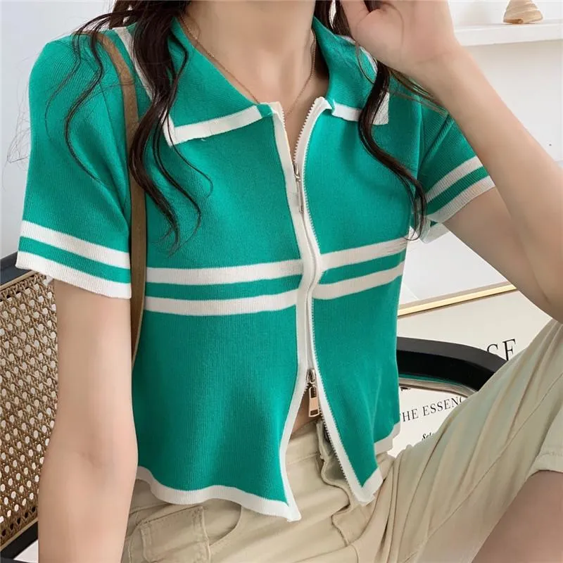 Retro Striped Polo Collar Zipper Knit Cardigan Sweater