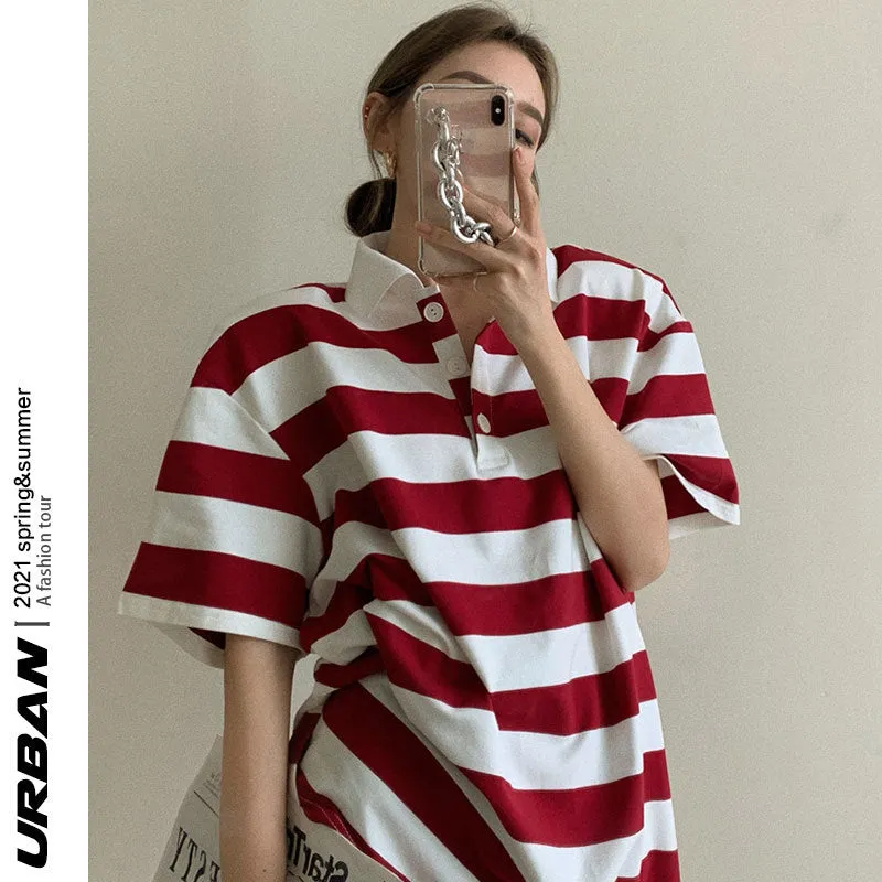 Retro vintage lapel collar contrast striped polo shirt 2022 summer new bf style demi sleeve loose oversize