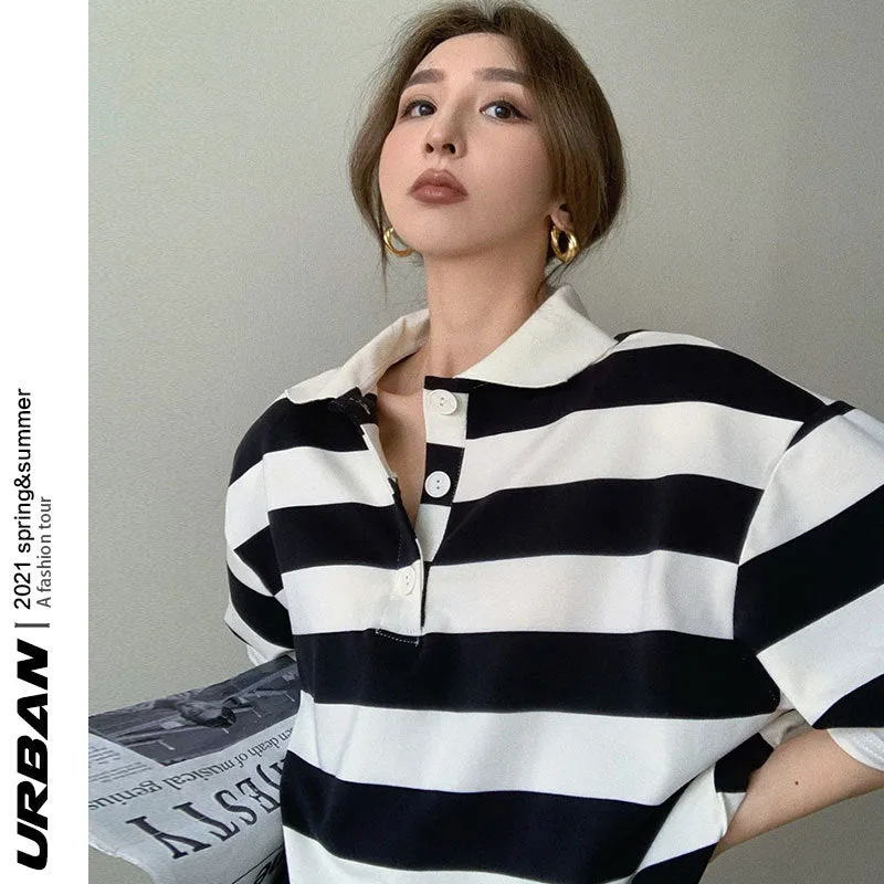 Retro vintage lapel collar contrast striped polo shirt 2022 summer new bf style demi sleeve loose oversize