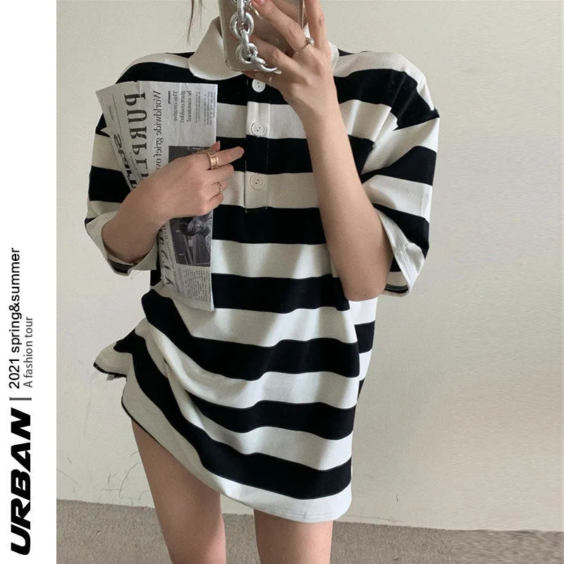 Retro vintage lapel collar contrast striped polo shirt 2022 summer new bf style demi sleeve loose oversize