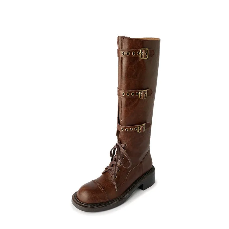 Round Toe Riding Boots for Women Knee High Boots With Rivet Buckle In Black/Brown