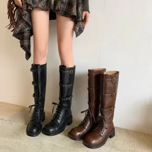 Round Toe Riding Boots for Women Knee High Boots With Rivet Buckle In Black/Brown