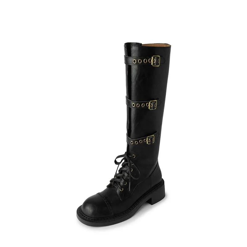 Round Toe Riding Boots for Women Knee High Boots With Rivet Buckle In Black/Brown